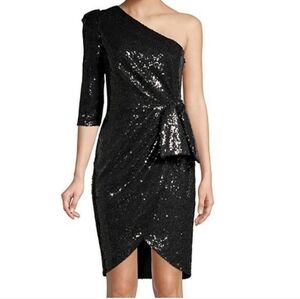NWT Black Halo Nara Black Sequin One Shoulder Dress Size 6